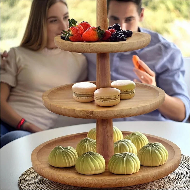 Dimono Etagere Deluxe Servier-Ständer, Bambus, (3-Etagen Servierschalen, Obst- & Gemüseschale), Servierschalen für Desserts, Obst, Gemüse, Süßes uvm. – Bild 3