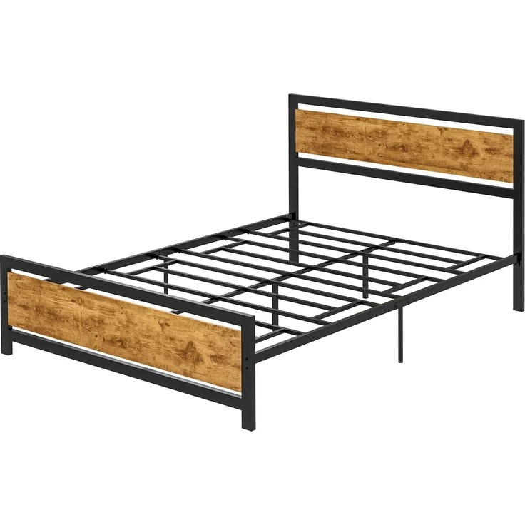 Bettgestell aus Holz und Stahl im Industrial-Stil mit Lattenrost,Schwarz, Rustikales Braun, 103 x 147 x 208 cm, Cecodadi – Bild 2