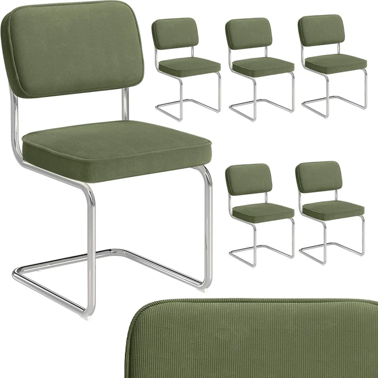 skølm 'Thund' Esszimmerstühle 6er Set, dunkelgrün, Polsterstuhl aus Cord mit verchromten Metallgestell, Schwingstuhl bis 120 kg belastbar – Bild 1