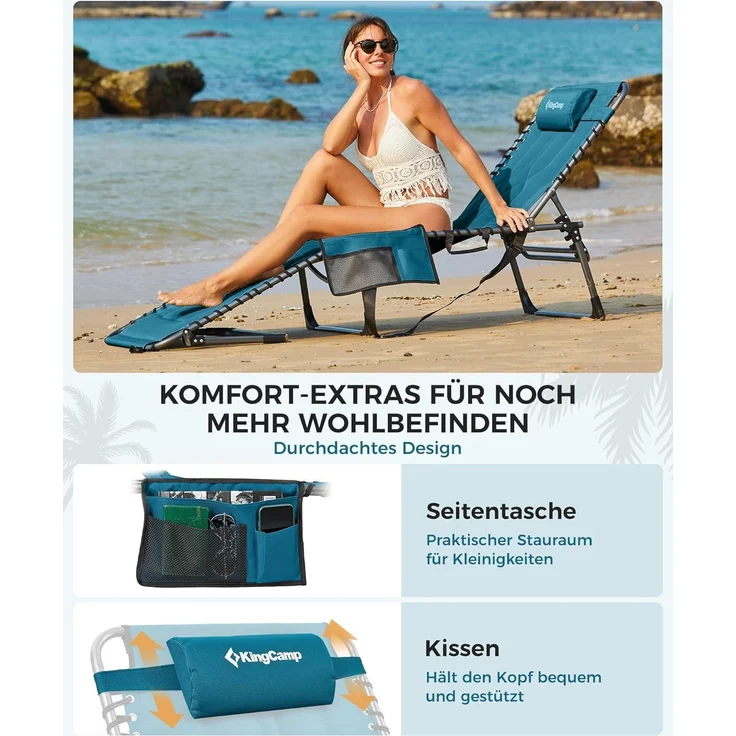 KingCamp Übergroße Sonnenliege Klappbar 5-Fach Verstellbar Gartenliege Liegestuhl Dreibeinliege Liege Campingliege mit Kopfkissen und Seitentasche bis 150 kg für Garten Urlaub Strand Pool 200x68 cm – Bild 5