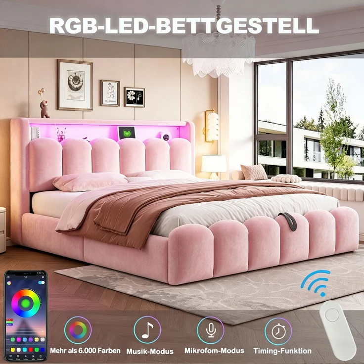 Polsterbett 180×200 cm mit hydraulischem Bettkasten, LED & USB/Typ-C, Rosa, ohne Matratze – Bild 7