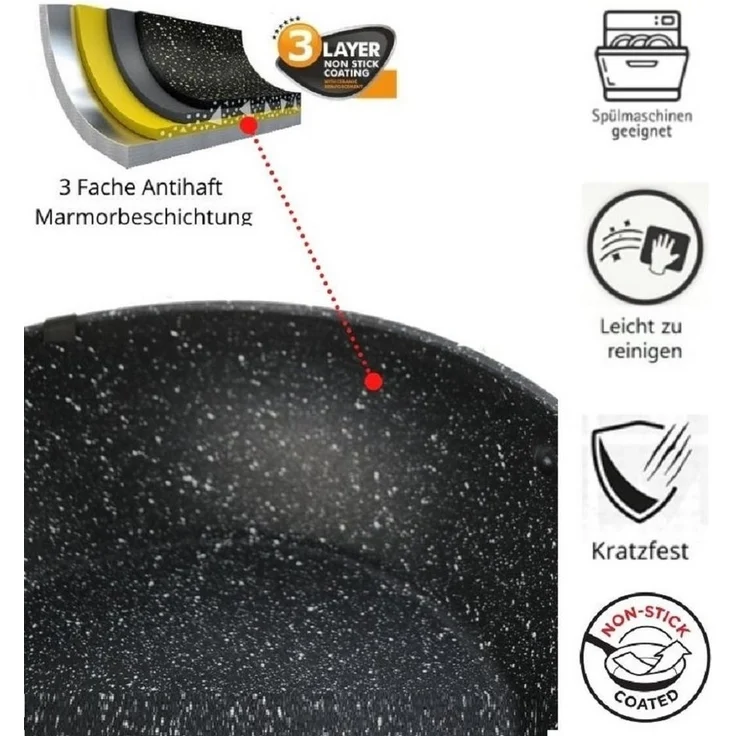 Bratpfanne 28cm Glasdeckel Induktion Marmor Antikratz Pfanne 3-lagige Marmorbeschichtung für alle Herdarten – Bild 3