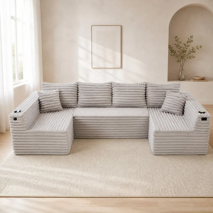 U-Form-Sofa aus Cord mit Getränkehalter & Seitentasche, 320x155x88 cm, Hellgrau