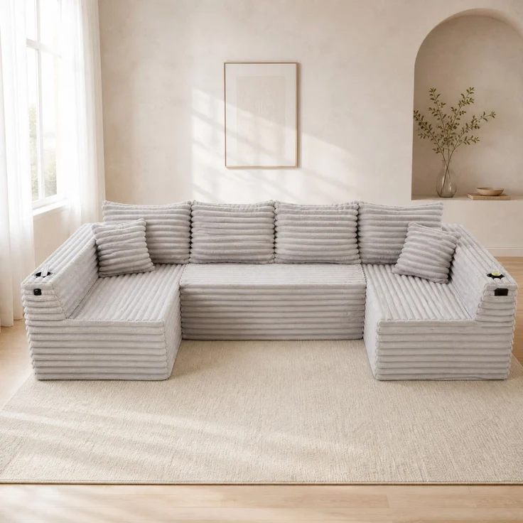 U-Form-Sofa aus Cord mit Getränkehalter & Seitentasche, 320x155x88 cm, Hellgrau – Bild 1