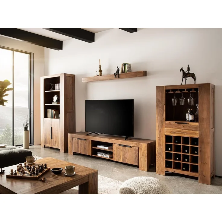 Highboard Osbon aus Massivholz mit Flaschenregal, Glasaufhängung und Schublade – Weinschrank für Wohnzimmer, Küche oder Hausbar – Bild 9