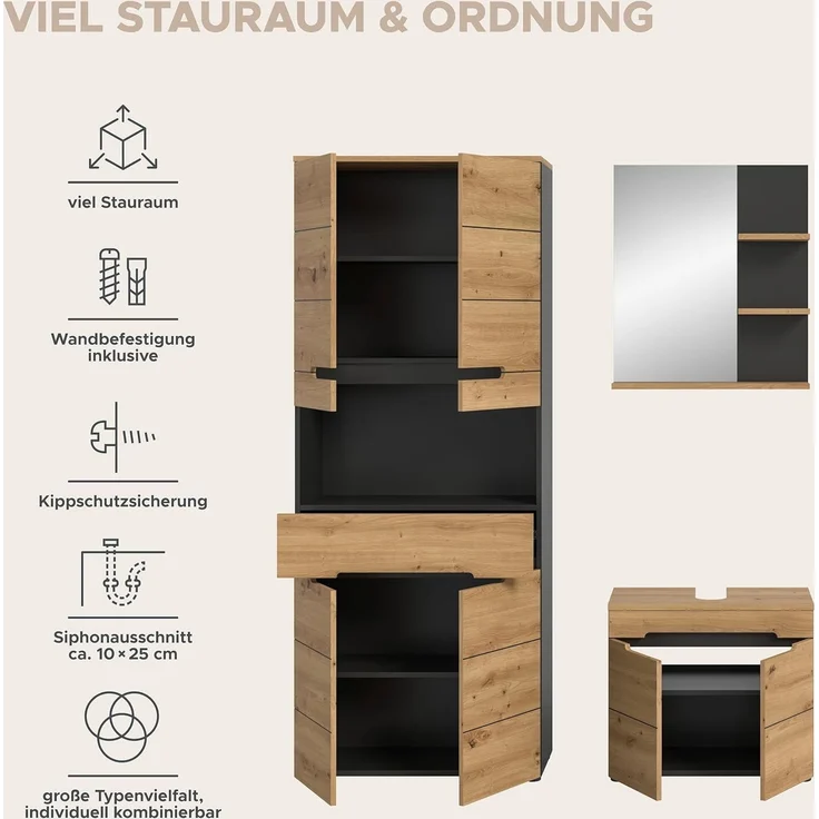 Xonox Canu Badkombination (B/H/T: 154x193x34 cm) in Basalt grau Nachbildung und Artisan Nachbildung – Bild 12