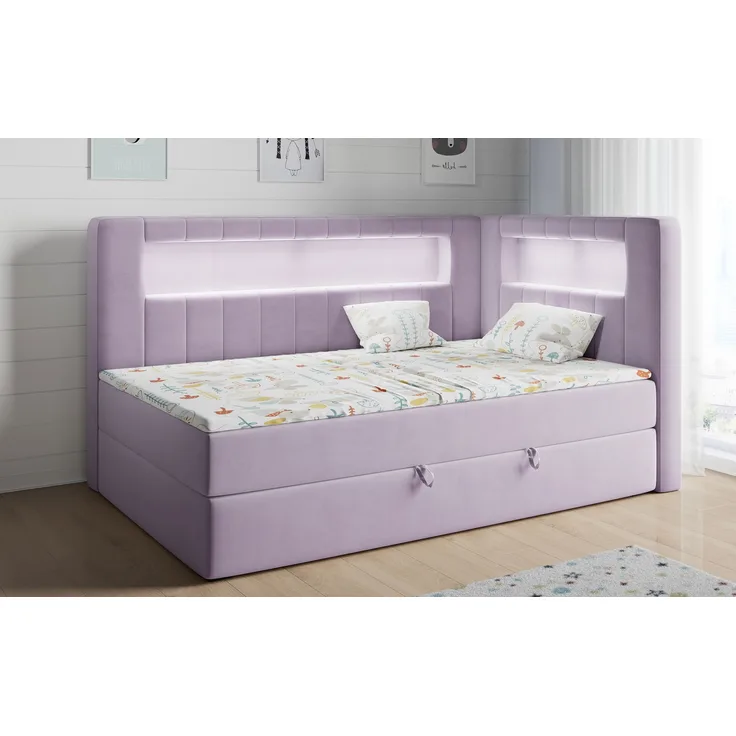 Boxspringbett mit LED, Einzelbett mit Bettkasten und Topper - JUNIOR GOLD 3 - 90x200 cm - Violet - Rechte Seite