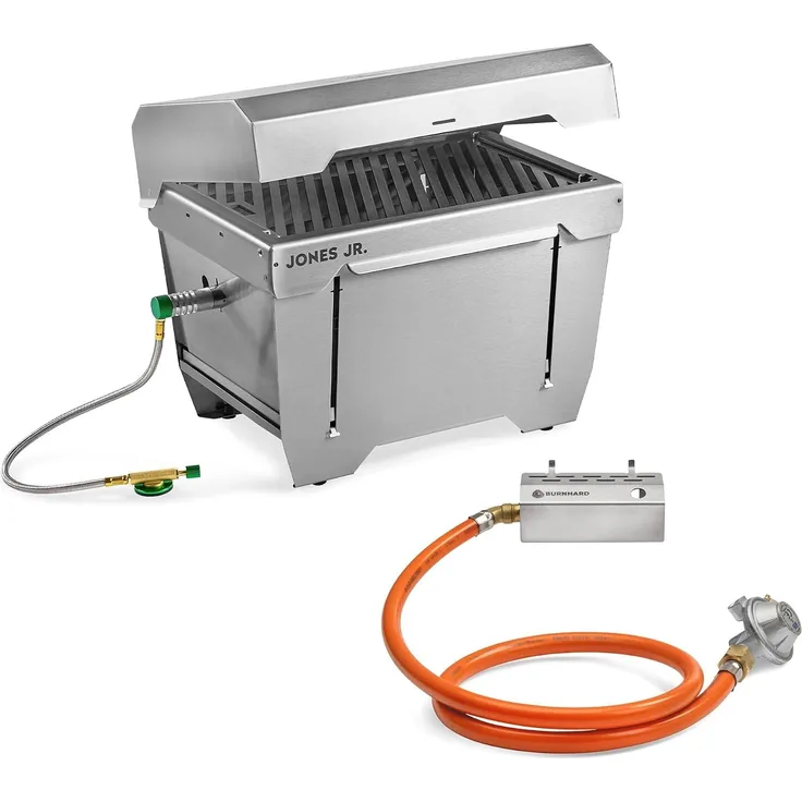 BURNHARD® Camping Gasgrill JONES Jr. Edelstahl Klappgrill mit Deckel 1-Brenner 3,2 kW inkl. Transporttasche mit Rucksackfunktion, Multitool & Gasflaschen-Adapater, Faltgrill ideal für Camping - Silber - #946831