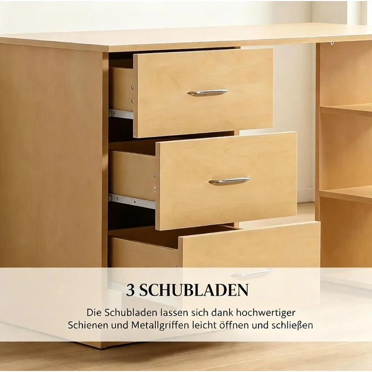 Schreibtisch aus MDF mit 3 Schubladen und 3 Regalen, 120x49x72 cm, Lichtholz – Bild 5