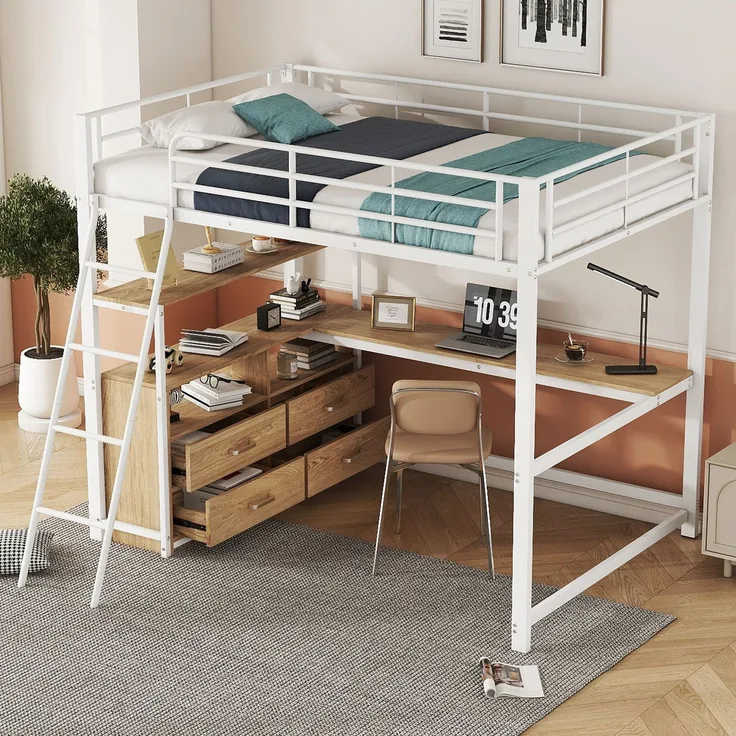 EINHOM Hochbett, 140 x 200 cm, Eisenrahmenbett, Praktische Schubladen, Stilvoller L-förmiger Schreibtisch, Laminatdesign, Weiß (Ohne Matratze)