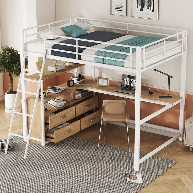 EINHOM Hochbett, 140 x 200 cm, Eisenrahmenbett, Praktische Schubladen, Stilvoller L-förmiger Schreibtisch, Laminatdesign, Weiß (Ohne Matratze) – Bild 1
