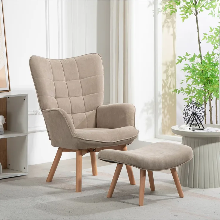 DESVIAE Sessel-Set 2-tlg. mit Hocker, Polyesterbezug und Buchenholzbeinen, Khaki, Sessel 80x101x72 cm