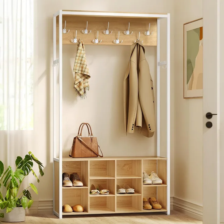 VASAGLE Kleiderständer, Garderobe mit Schuhregal, mit Haken und verstellbaren Ablagen, Industrie-Stil, goldeichenfarben-weiß