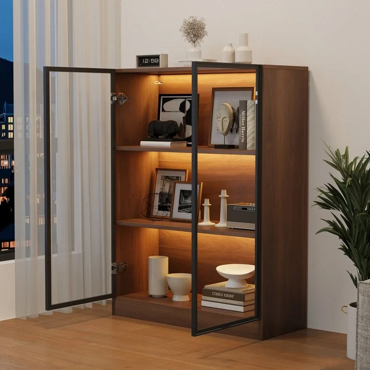 autolock Vitrine Moderne Glasvitrine mit LED-Beleuchtung und Aluminiumrahmen, 3 Ebenen (80x30x106 cm) Standvitrine Aufbewahrungsschrank für Wohn- und Esszimmer – Bild 3