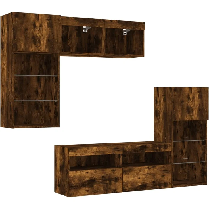 5-tlg. Wohnwand Schrankwand mit LED-Beleuchtung Räuchereiche Holzwerkstoff – Bild 5