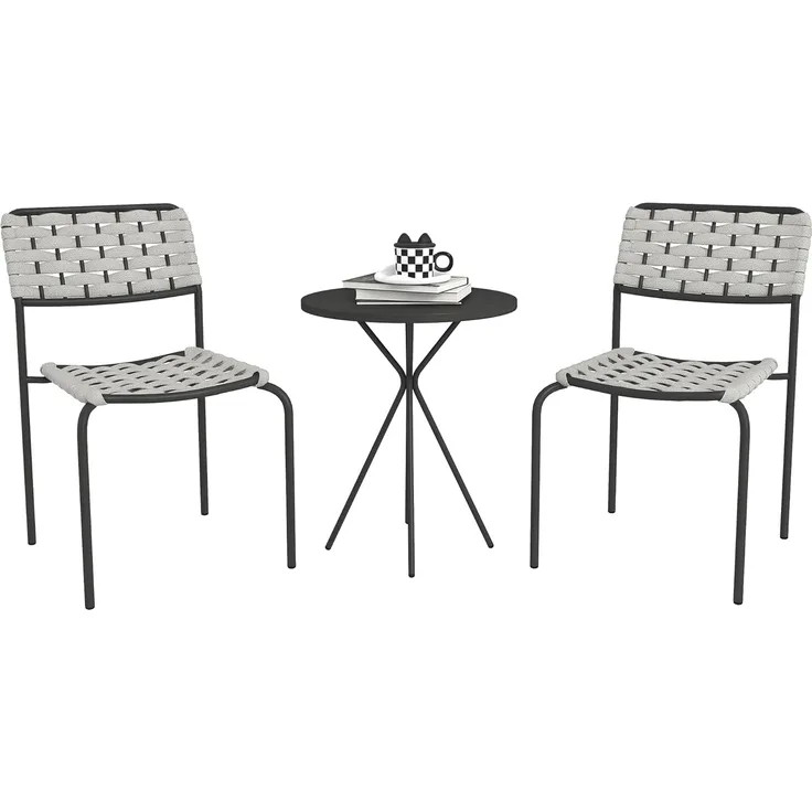 Outsunny Gartenlounge-Set 3-teilig, mit 2 Stapelbare Stühle, Tisch, (wetterfest Balkonmöbel für 2 Personen, 3-tlg, Polyrattan Gartenmöbel Set), für Garten, Terrasse Balkon, Grau