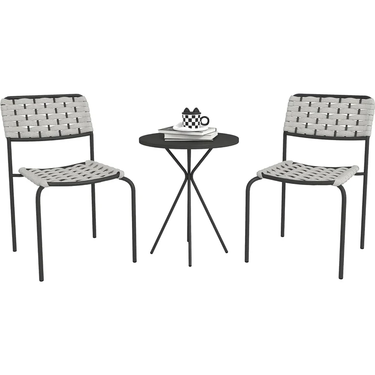 Outsunny Gartenlounge-Set 3-teilig, mit 2 Stapelbare Stühle, Tisch, (wetterfest Balkonmöbel für 2 Personen, 3-tlg, Polyrattan Gartenmöbel Set), für Garten, Terrasse Balkon, Grau – Bild 1