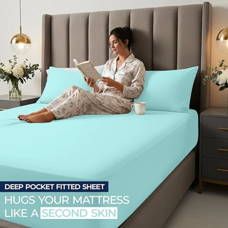 Utopia Bedding Queensize-Spannbetttuch mit extra tiefen Taschen, passend für Matratzen bis zu 53 cm, schrumpf- und farbbeständig, pflegeleicht, nur 1 Spannbetttuch mit tiefen Taschen, Spa-Blau – Bild 8