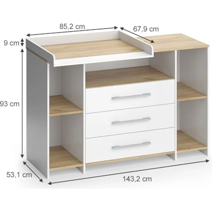 Vichy Wickelkommode Oskar, Weiss/Goldkraft Eiche, mit Wickelaufsatz und 3 Schubladen, 143.2 x 93 cm – Bild 2