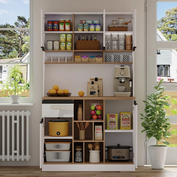 105×45×185 cm,weißer moderner Küchenschrank,Buffet,Sideboard,Hochglanztüren,Metallgriffe,verstellbare Regale,Schubladen,offener Stauraum,Kippschutz,geeignet für Küche,Esszimmer und Wohnzimmer--Weiß--105x45x185cm--YOUDENOVA – Bild 9