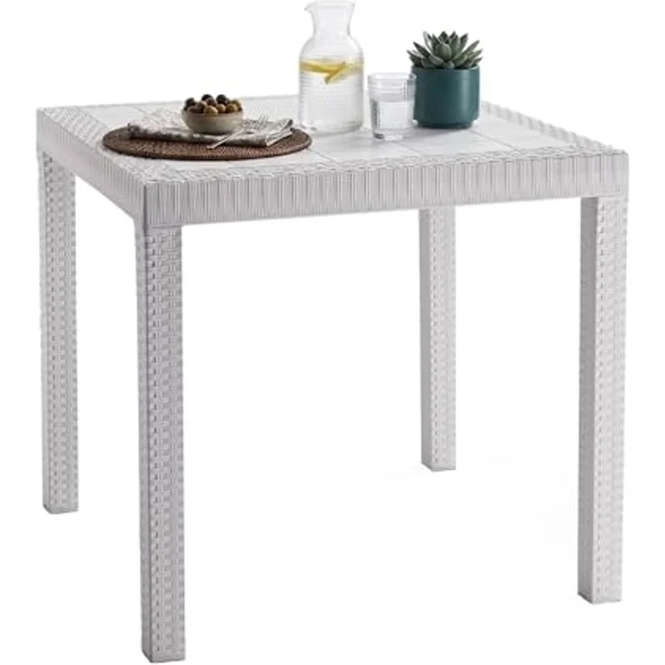 Dmora - Tisch im Freien Marte, Fester quadratischer Regal, Mehrzweck-Gartentisch in Rattan-Optik, 100% Made in Italy, 80x80h74 cm, Weiß – Bild 3