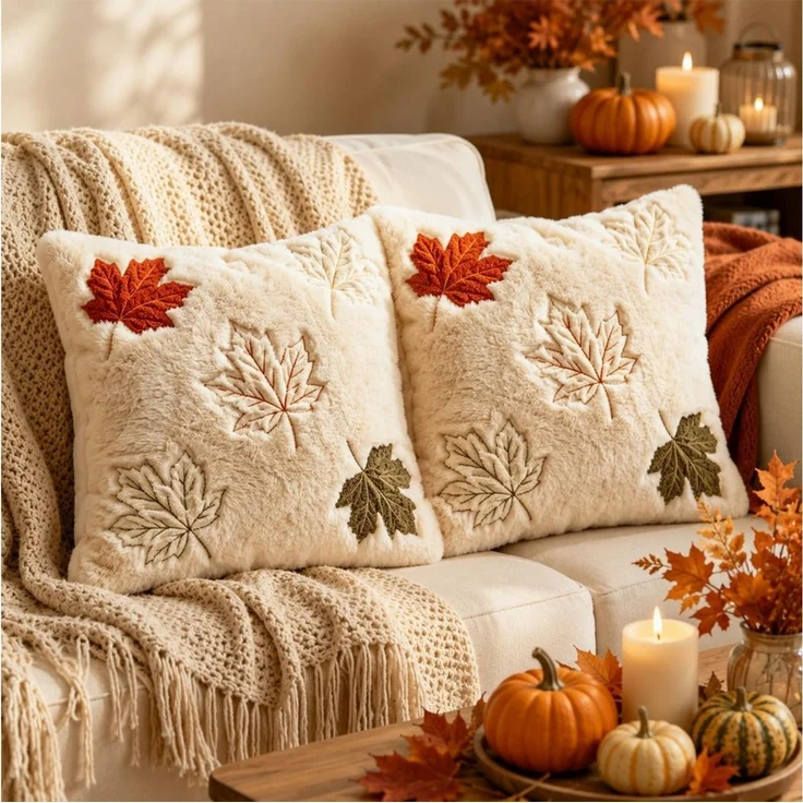 FOUORTUNATE-BEE Kissenbezüge Kissenbezüge 2er Set 45x45 cm, Herbst, Ahornblatt-Motiv, Herbst-Kissenhüllen für Sofa, Bett und Sessel, Halloween-Deko – Bild 3