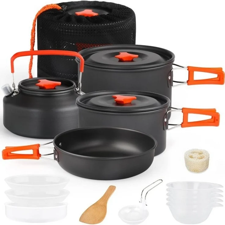 Rhein Beleuchtung Topf-Set Camping Kochgeschirr Set 16-tlg. – Camping Topf & Camping Geschirr, Aluminium (16-tlg, Mit Suppentopf, Antihaftpfanne, Wasserkocher & Geschirr komplett), Leicht, stapelbar & tragbar – inkl. Tasche für Outdoor und Camping – Bild 4