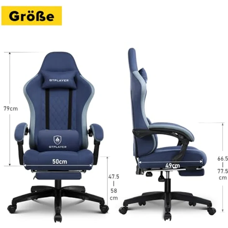 GTPLAYER Gaming Stuhl Ergonomischer Gaming Sessel Schreibtischstuhl mit Stoffoberfläche, Federsitzkissen, Verbindungsarmlehnen und Fußstütze blau – Bild 3