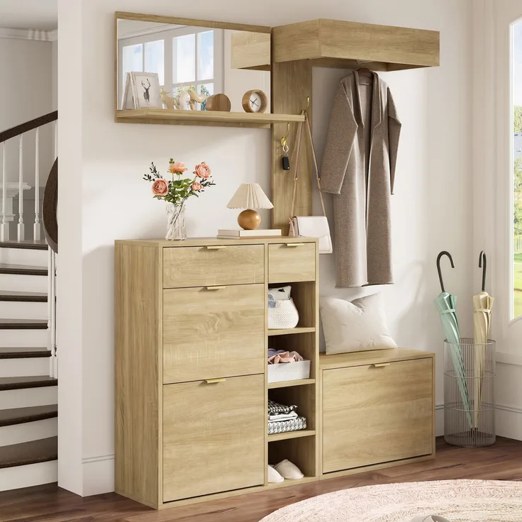 Garderoben-Set 130x30x174 cm mit Schuhschrank, Sitzbank, Spiegel und Hakenpaneel