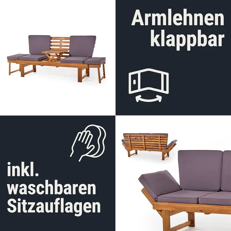 Wohnando Sitzbank Gartenbank "Monte" 202x 67x87cm (BxTxH), massives Akazienholz, FSC (1-St), braun, graue Sitzauflage, ausklappbarer Tisch, umklappbare Seitenteile – Bild 3