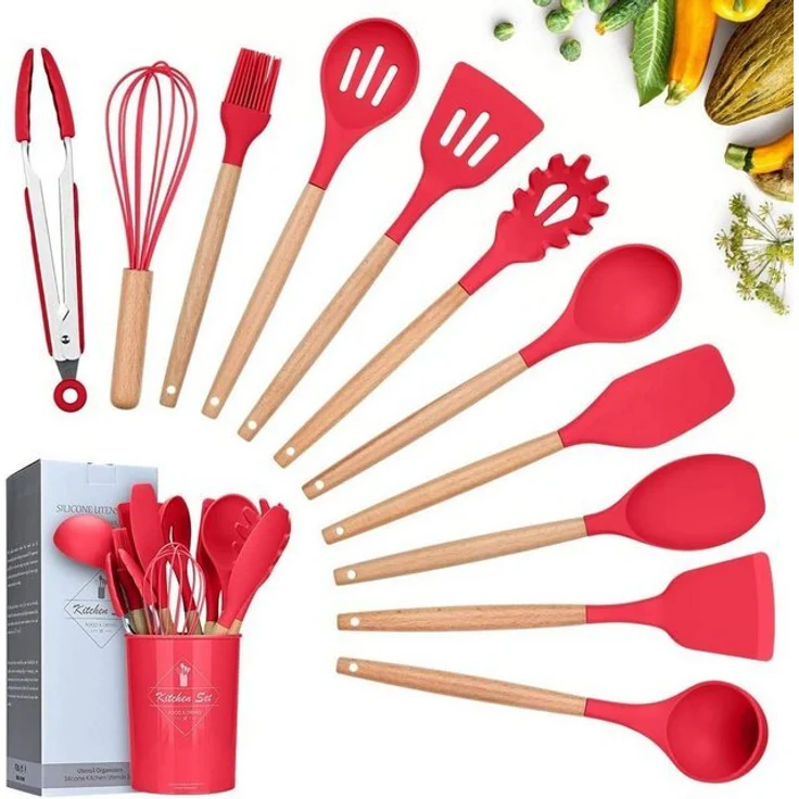 Küchenhelfer Set 12-tlg Silikon, Holzgriff, versch. Farben Rot – Bild 3