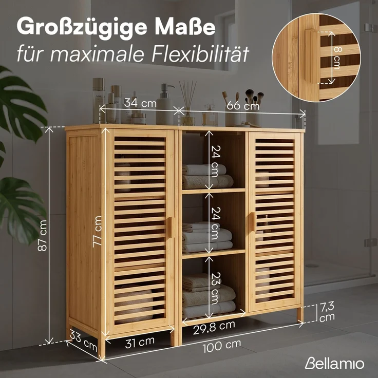 Bellamio 'Newa' Badezimmer Schrank, Bambus, natur, 87x33x100 cm, Badschrank mit 9 Ablagefächern – Bild 8