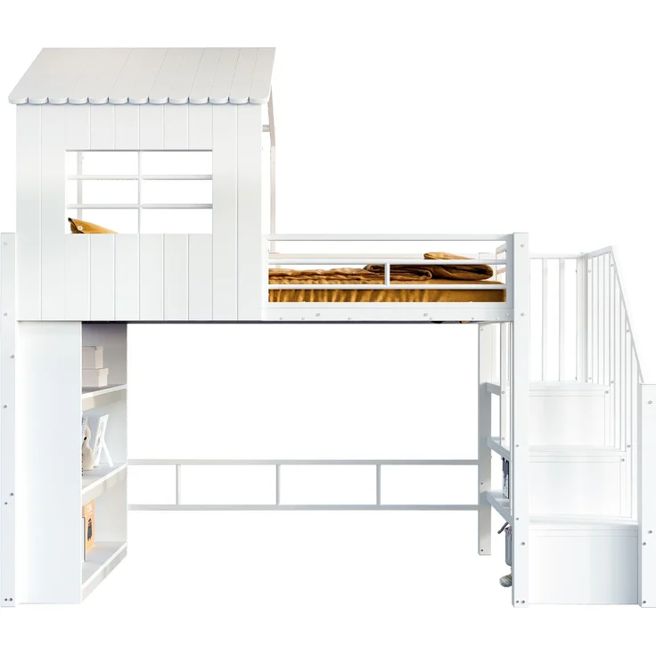 Merax Hochbett 90×200 cm, Kinderbett, Jugendbett, Hausdesign, Mehrstöckiges Stauraumregal, Sichere Treppe (montierbar links/rechts), Weiß – Bild 10