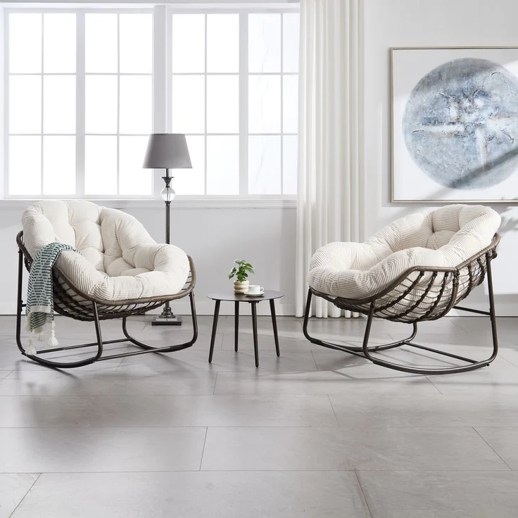 LVHOM Schaukelstuhl mit gepolstertem Kissen, Rattanstuhl mit Stahlrahmen, Lounge Sessel, Schaukelsessel, 1 St, für Balkon/Garten/Wohnzimmer/Schlafzimmer – Bild 10