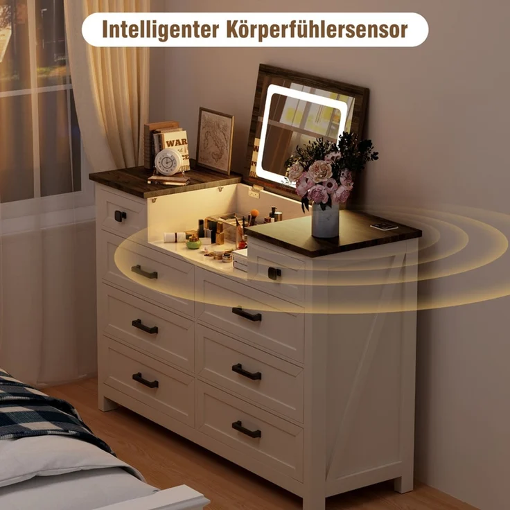 Schubkastenkommode 8 Schubladen mit LED-Spiegel, Ladestation und umkehrbarem Spiegel, Weiß & Braun – Bild 9