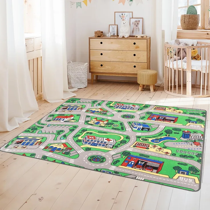 Primaflor-Ideen in Textil Kinderteppich CITY, rechteckig, Höhe: 5 mm, Straßen-Spiel-Teppich, Straßenbreite ca. 9 cm, Kinderzimmer