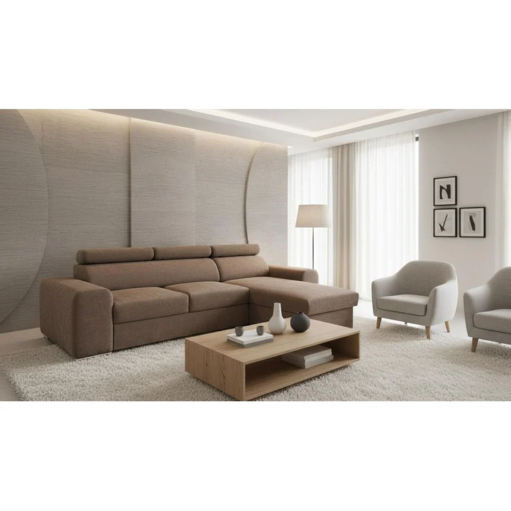 Wohnero24 - Höchste Qualität - Modernes Ecksofa PAVONE 1 - 260x183 cm – Chenille Stoff – Schlaffunktion 198x125 cm & Bettkasten - Hellbraun – Bild 4