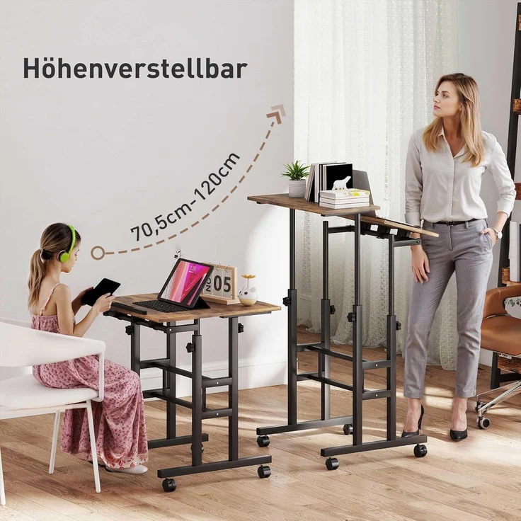 HOMCOM Schreibtisch 2-stufige Arbeitsfläche (Laptoptisch, 1-St, Arbeitstisch), Höhenverstellbar, Rustikal-Braun – Bild 4