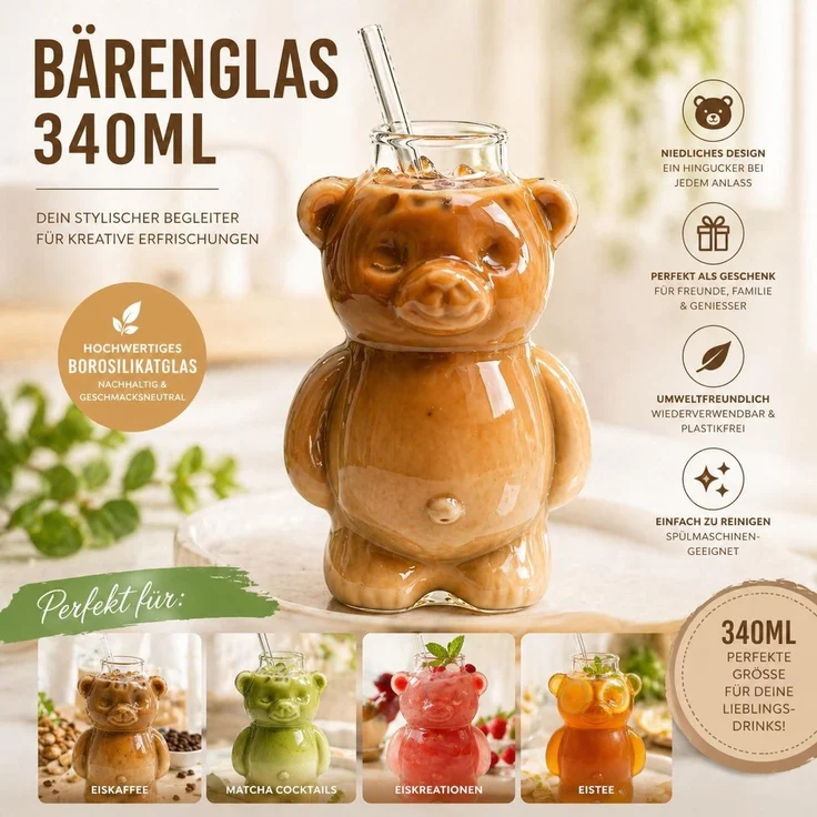 Bärenglas mit Strohhalm 340ml, Süßer Glas Becher in Bärenform, Eiskaffee Becher, Matcha Glas, Cocktailglas - Trinkglas Kawaii Design Geschenkidee – Bild 4