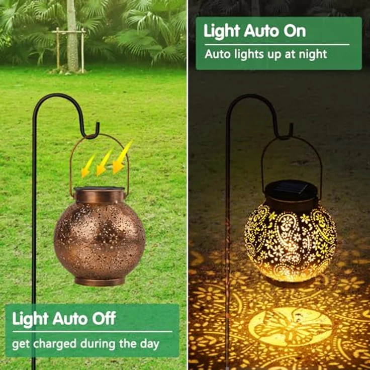 OUILA Solarlaterne für Außen, IP65 Wasserdicht Hängende LED Gartenlaterne, Vintage Outdoor Solarlampen für Terrasse, Veranda, Hof und Rasen – Bild 2