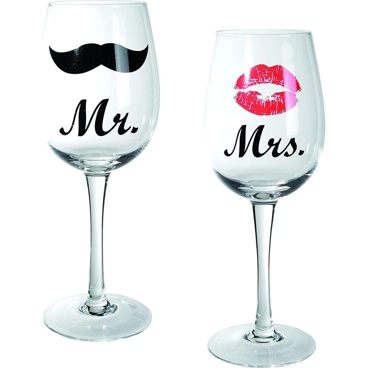 Out of the blue Weinglas mit Kussmund & Schnurrbartdekor Mr und Mrs, circa 430 ml, Höhe 22,5 cm 2-er Set in PVC-Box