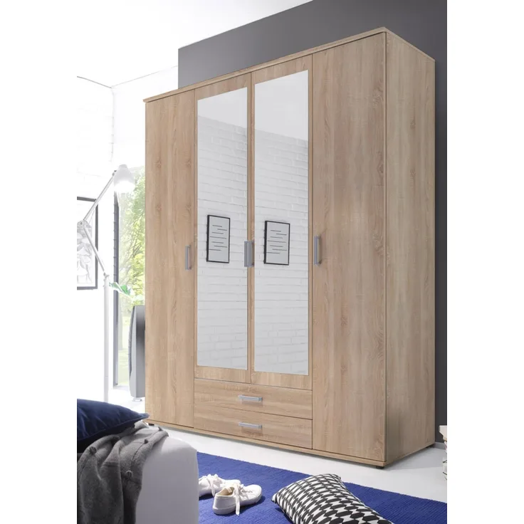 'Karl' Kleiderschrank 4-türig mit Spiegel, Eiche Sonoma, 160 x 196 x 54 cm (B/H/T)