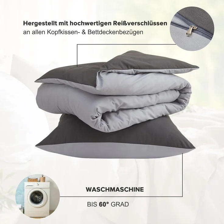 ohano Bettwäsche 200x200 Anthrazit/Hellgrau Mikrofaser 3tlg – Bild 6
