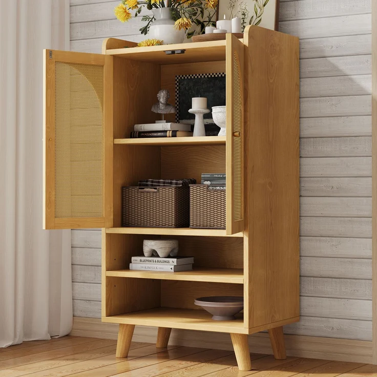Rattan-Sideboard mit 2 Rattantüren und 2 offenen Fächern, Aufbewahrungsschrank / Buffet mit großem Stauraum, Holz-Highboard, Mehrzweckschrank für Flur, Wohnzimmer oder Küche, Maße: B60×T40×H121 cm--Natürlich--60x40x121cm--YOUDENOVA – Bild 4