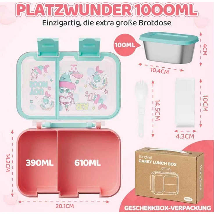 Bundviel Lunchbox Auslaufsichere Kinder-Brotdose mit Fächern im Set, (mit 100ml Edelstahl-Dippschale, Kindergarten und Schule - Mädchen und Jungen, Vesperbox, Snackbox) – Bild 2