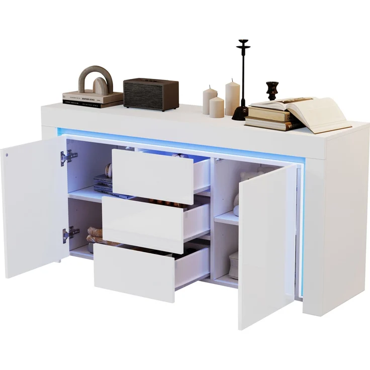 DESVIAE Sideboard mit LED-Beleuchtung, 2 Türen und 3 Schubladen 140x65x40 cm MDF Weiß – Bild 7