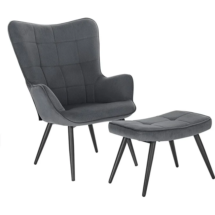 WOLTU Relaxsessel Lehnstühle Vintager Retro Sessel Polstersessel mit Hocker Fernsehsessel Ohrensessel Cordsamt Dunkelgrau SKS28dgr