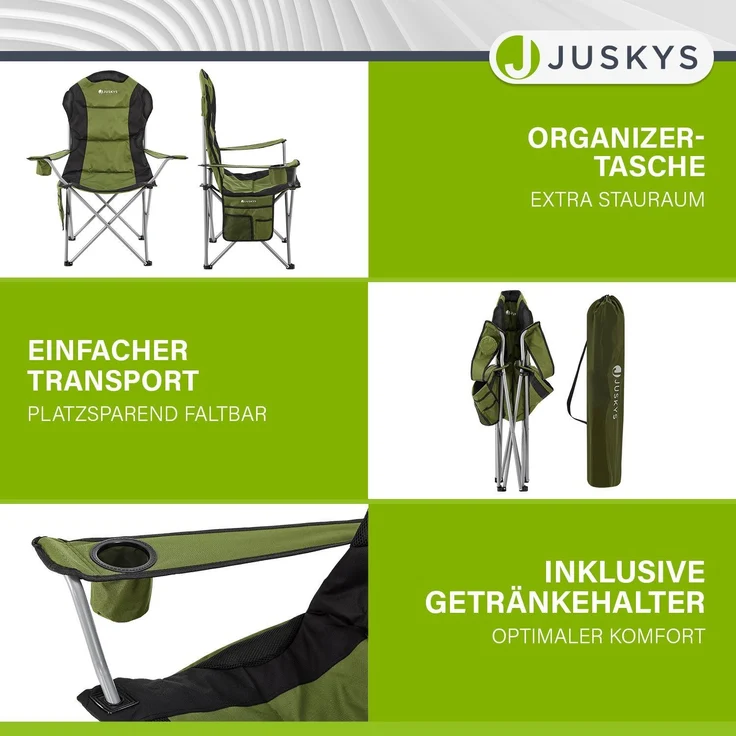 Juskys Campingstuhl Lido mit Getränkehalter & Tasche - Camping Klappstuhl gepolstert - Faltstuhl Angelstuhl Strandstuhl Chair - Stuhl Grün – Bild 3