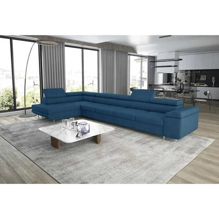 thematys Ecksofa ASTON MAXI 405x203 cm, mit Schlaffunktion, mit Bettkasten, mit verstellbaren Kopfstützen, Blau (Poso 05), Ausrichtung Links – Bild 3