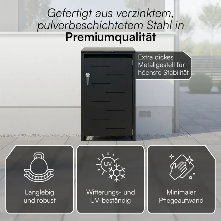 STEELSØN 'Diorus' Mülltonnenbox 1er 240 Liter, graphitschwarz, Mülltonnenverkleidung aus Stahl mit Sichtstreifen, wetterfest, 116x80x69 cm, abschließbare Müllbox für 1 Tonne – Bild 5